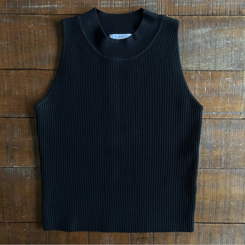 Halston Black Ribbed Mock Sleeveless Top Medium